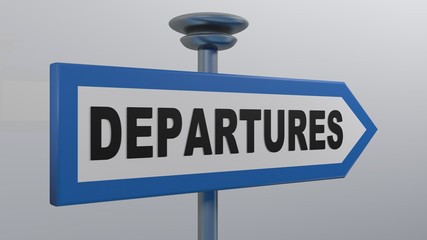 Poster - DEPARTURES blue arrow street sign - 3D rendering illustration