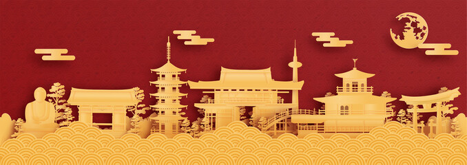 Fototapete - Panorama postcard and travel poster of world famous landmarks of Kyoto, Japan in paper cut style vector illustration