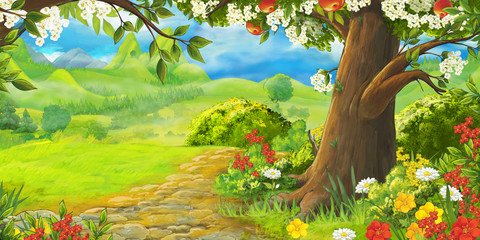 cartoon summer scene with path in the forest or garden - nobody on scene - illustration for children