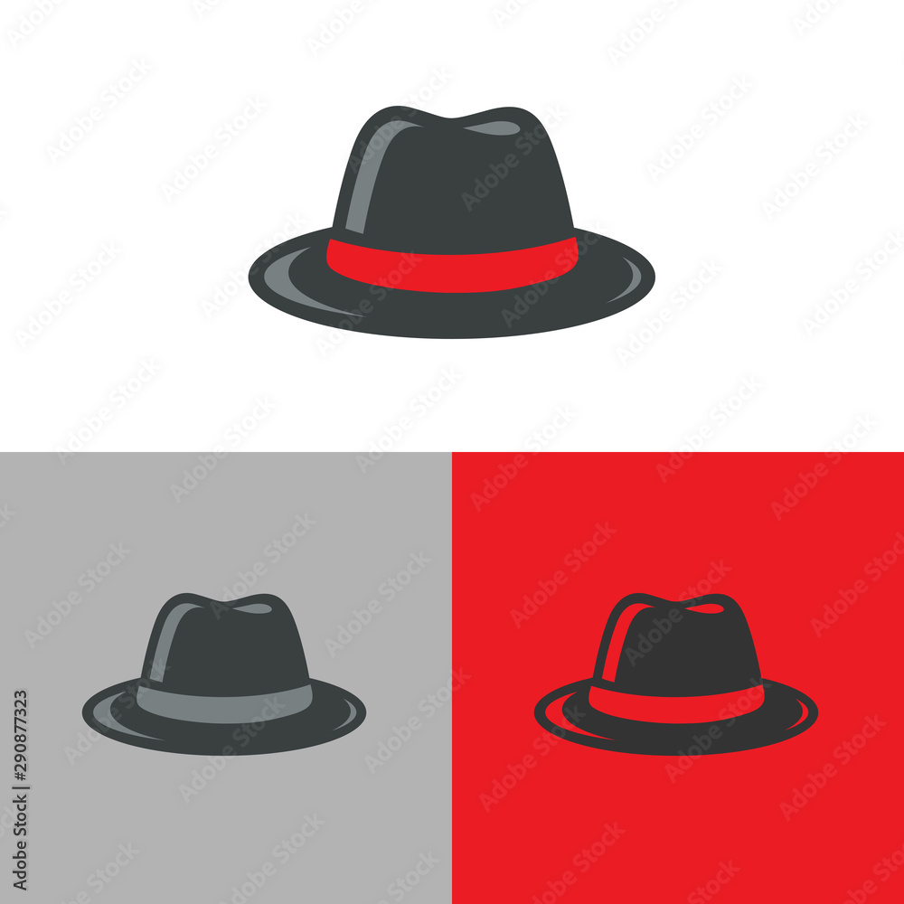 Retro fedora hat logo icon. Hipster cap symbol. Hacker, mafia or gangster concept - Vector - obrazy, fototapety, plakaty 