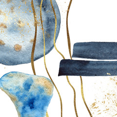 Wall Mural - Watercolor abstract templates with blue and Indigo spots, shapes, textures with gold elements