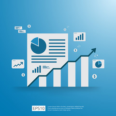 Financial Analysis business, financial statistic and management concept. Workplace desk top view with grow up chart bar document, laptop and report. Flat style vector illustration.