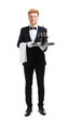 © Pixel-Shot - Handsome waiter with wine on white background