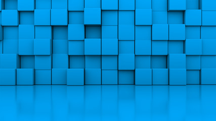 Aufkleber - 3d rendering wall of many blue cubes located at different levels in a blue studio. Computer generated abstract background.