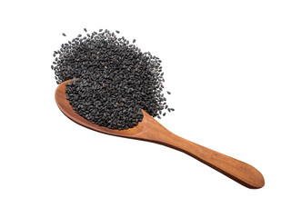 Black sesame seeds in wooden spoon and spread isolated on white background.Scientific name is Sesamum orientale L.Herb.Cereal. top view.