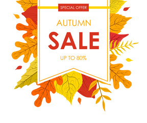 Sticker - Autumn Sale Banner Template with Bright Colorful Leaves, Shopping Sale Promotional Poster, Leaflet, Flyer Vector Illustration