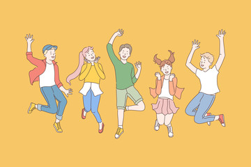 Childhood, friendship, party concept. Group of happy children enjoy the holidays. Smiling teen fans jump posing for a photo. Pleasure of winning. Simple flat vector.