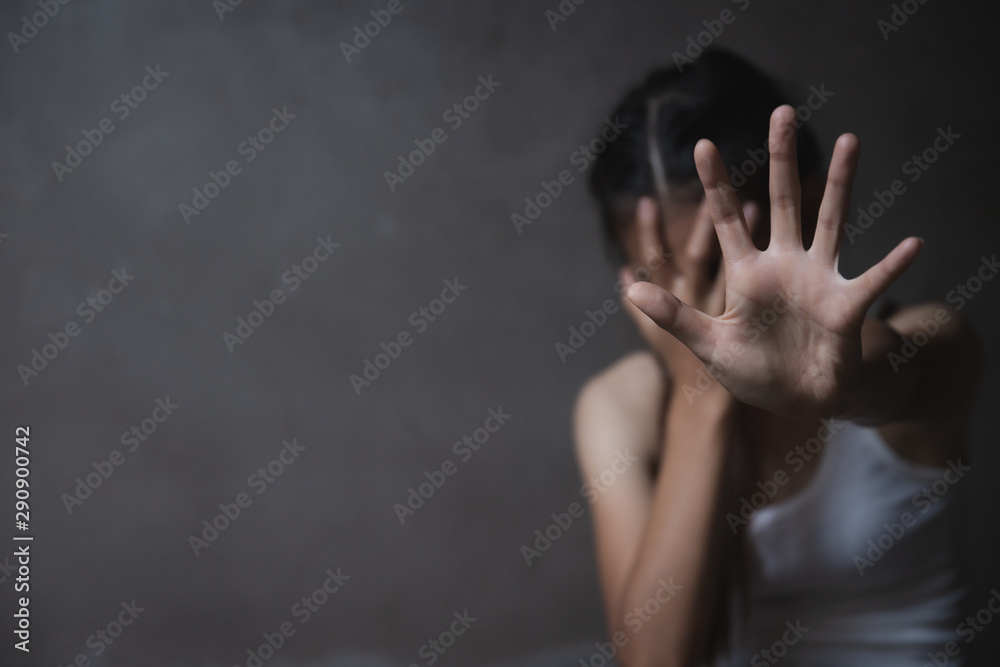 woman raised her hand for dissuade, campaign stop violence against women. copy space, Wound domestic violence rape, concept photo of sexual assault, International Women's Day,  black and white color - obrazy, fototapety, plakaty 