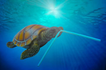 Plastic pollution in ocean environmental problem. Turtles can eat plastic tube mistaking them for food. Travel trips recreation sea. Cruise theme marine. Natural materials and summer for copy space.