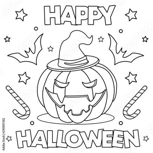 Coloring Page Black And White Vector Illustration With Scary Pumpkin In Witch Hat Lettering Happy Halloween Stock Vector Adobe Stock