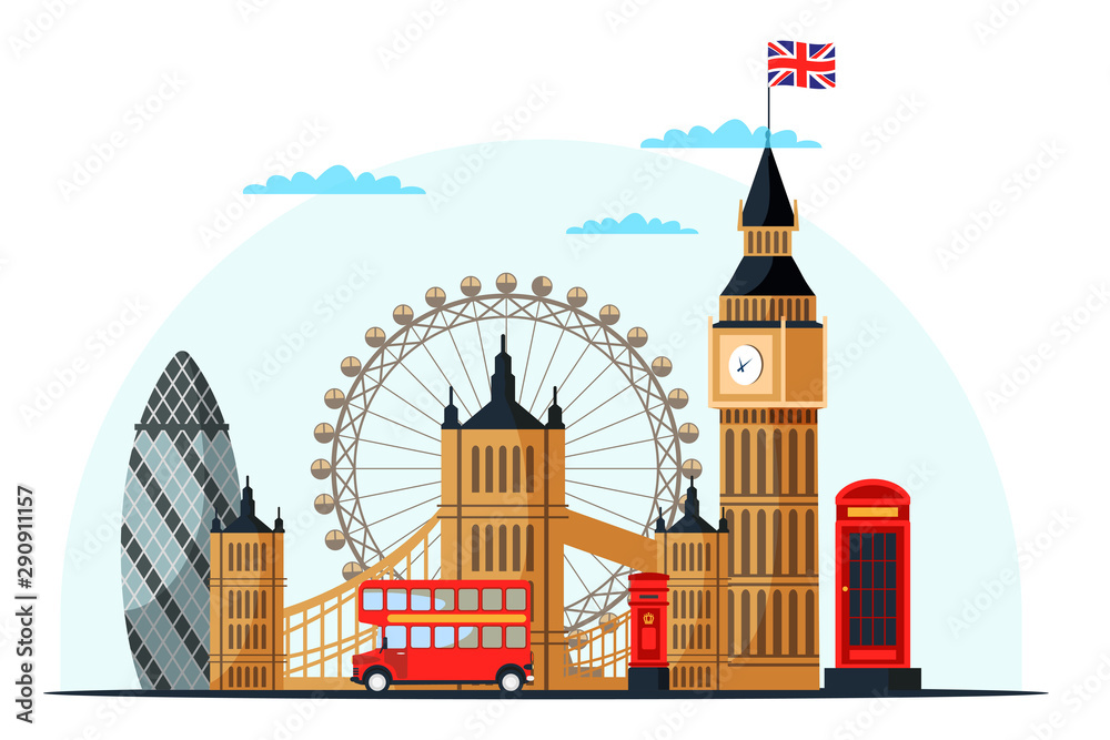 London cityscape flat vector color illustration - obrazy, fototapety, plakaty 