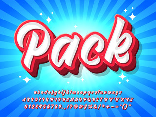 Fototapete - pop poster template for headline text effect, 3d extrude font with soft edge, red and white alphabet with burst blue background