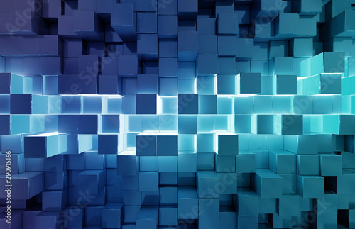 Glowing black and blue squares background pattern 3D rendering