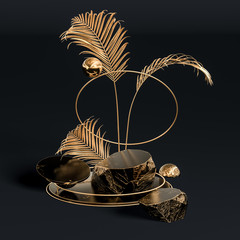 Poster - Black and gold Stone podiums product display background,  stones and palm leaves, still life composition 3d illustration
