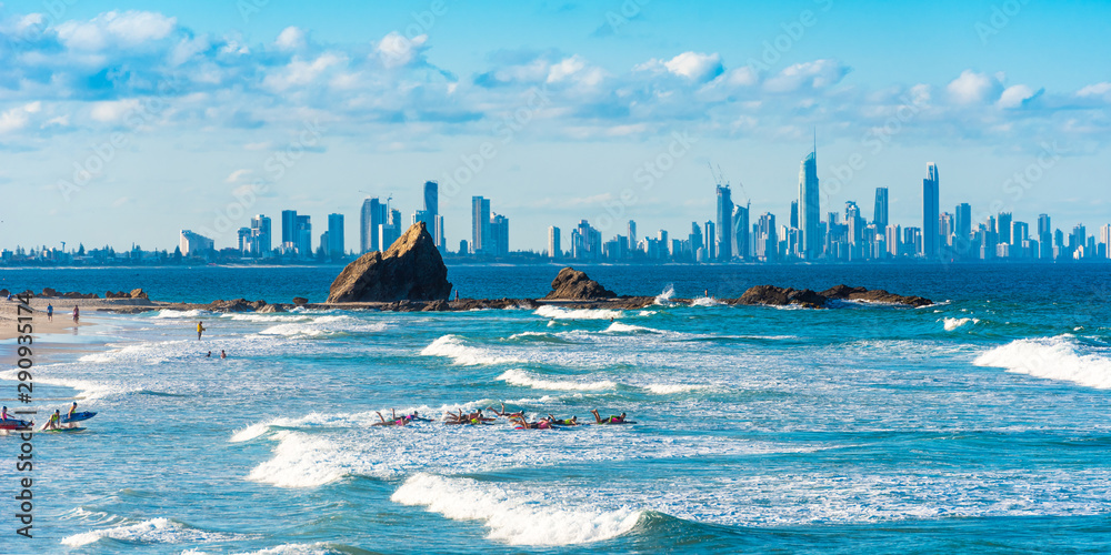 Group of people on a surf, Gold Coast, Queensland, Australia. - obrazy, fototapety, plakaty 