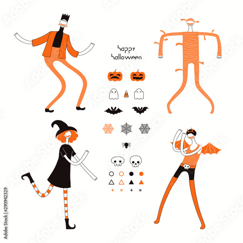 Set of Halloween design elements with dancing characters in costumes, abstrac...