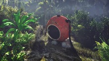 Wrecked Space Capsule Lies In The Jungle In The Middle Of Palm Trees And Tropical Vegetation. 3D Rendering