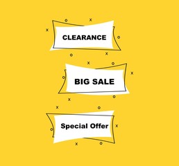 Wall Mural - Flat linear promotion ribbon banner, scroll, price tag, sticker, badge, poster with yellow background.Vector illustration