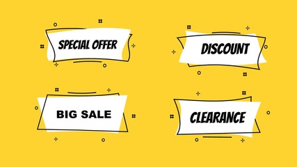 Wall Mural - Flat linear promotion ribbon banner, scroll, price tag, sticker, badge, poster with yellow background.Vector illustration