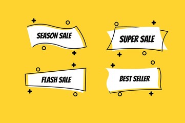 Wall Mural - Flat linear promotion ribbon banner, scroll, price tag, sticker, badge, poster with yellow background.Vector illustration