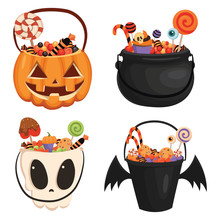 Set Halloween Buckets Of Different Shapes Full Of Sweets. Collection Of Cartoon Bags For Collecting Sweets For Halloween. Vector Illustration For Children.