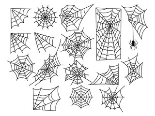 Set of web silhouettes. Spider web collection for halloween. Black and white illustration of elements for decor for the celebration of Halloween.