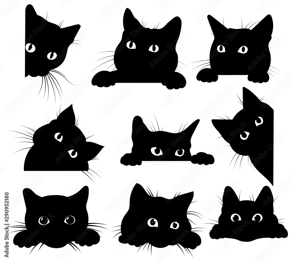 Set of black cats looking out of the corner. Collection of cat faces that spy on you. Playing pets. Tattoo. - obrazy, fototapety, plakaty 