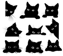 Set Of Black Cats Looking Out Of The Corner. Collection Of Cat Faces That Spy On You. Playing Pets. Tattoo.