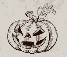 Vector Halloween Pumpkin. Hand Drawn Illustration. Vintage Engraving Element. Scary Pumpkins Sketch.