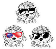 Set Of Portraits Of Dogs In Glasses. A Collection Of Vector Heads Of Dogs Of The Breed Of The Breed Goldendoodle. Black And White Drawing Of Pets.