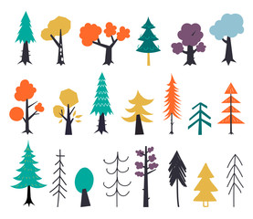 Wall Mural - Set of autumn trees red, yellow, green. Hand drawn in a flat style. Autumn graphic design elements. Vector illustration isolated on a white background.