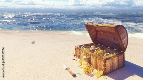 Cuadros en Lienzo An open wooden pirate chest filled with gold coins and diamonds lies on the shore of a lost tropical island