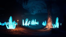 Blue Mystical Cave With The Magic Of Sparkling Crystals. 3D Rendering