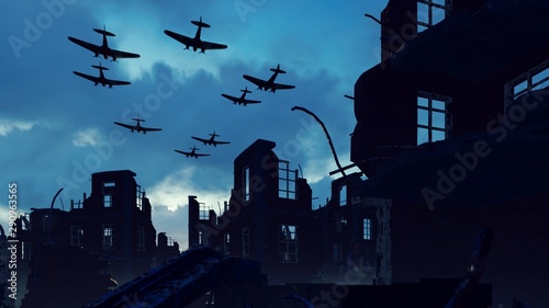 Fotomural An Armada of military aircraft flies over the ruins of a ruined deserted city