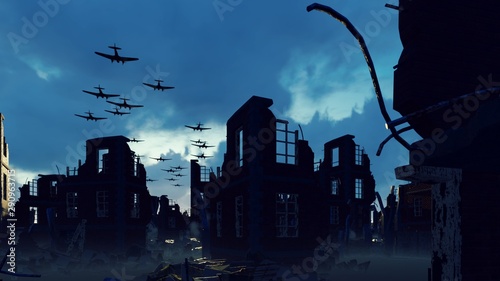 Fotografía An Armada of military aircraft flies over the ruins of a ruined deserted city
