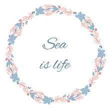 Sea Vibes, Underwater Life Wreath, Isolated Vector On White Background