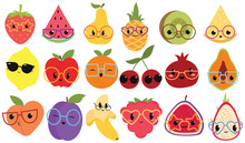 Set Of Cartoon Fruits With Glasses. Collection Of Cute Fruits With Faces. Vector Illustration Of Vegetable Food For Children.