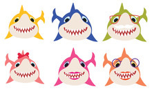 Set Of Cartoon Shark Family. Collection Of Stylized Sharks For Children. Vector Illustration Of Cute Predatory Fish.