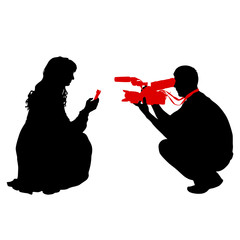 Wall Mural - Silhouette operator removes journalist with microphone on a white background