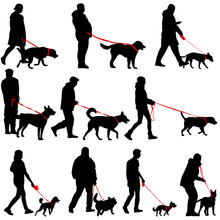 Set Silhouette Of People And Dog On A White Background