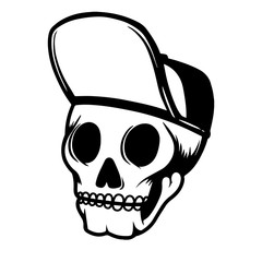 Illustration of human skull in baseball cap. Design element for poster, card, flyer, emblem, sign.