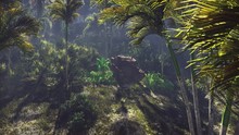 Wrecked Tank Lies In The Jungle In The Middle Of Palm Trees And Tropical Vegetation. 3D Rendering