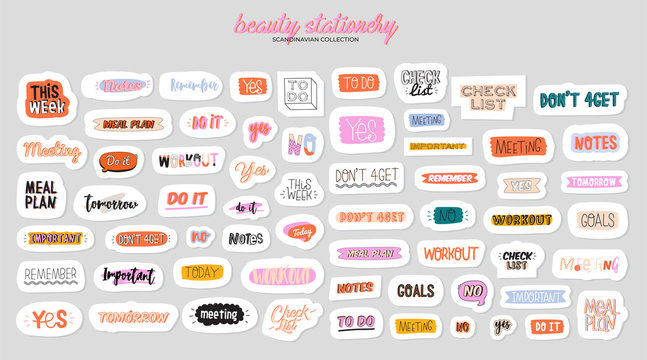 Collection of weekly or daily planner, note paper, to do list, stickers templates decorated by cute beauty cosmetic illustrations and trendy lettering. Trendy scheduler or organizer. Flat vector