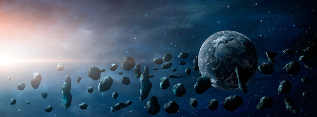 Wall Mural - panoramic space scene. earth planet with asteroid and nebula. elements furnished by nasa. 3d renderi
