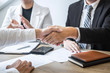 © Ngampol - Successful job interview, Image of Boss employer committee or recruiter in suit and new employee shaking hands and clap after good deal negotiation interviewing, career and placement concept