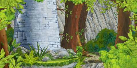  cartoon summer scene with path in the forest and castle tower - nobody on scene - illustration for children