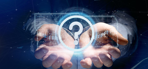 Poster - Man holding a Technology question mark icon on a circle 3d rendering