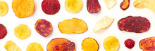 Dry Fruit And Vegetable Chips Overhead Panoramic Shot. Healthy Vegan Snack, An Organic Food Flat Lay Pattern On A White Background