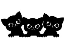 Black Cats Looking Out The Window. Cartoon Cats Look Out Of The Window. Black White Vector Illustration For Children. Tattoo.
