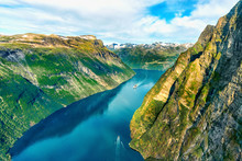 Beautiful Aerial Landscape View Geiranger  Fjord In More Og Romsdal County In Norway.